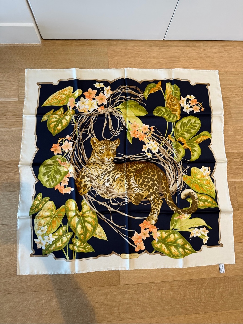Ferragamo Cheetah Botanical Silk Scarf in Navy and Cream - Never Worn!